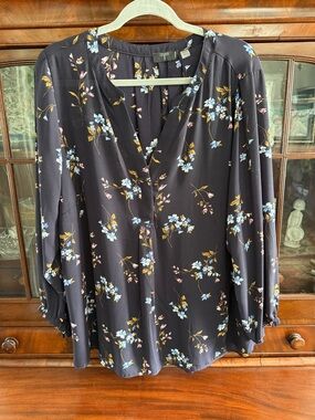 Tahari Navy Floral V-Neck Blouse - Blue/Pink Print